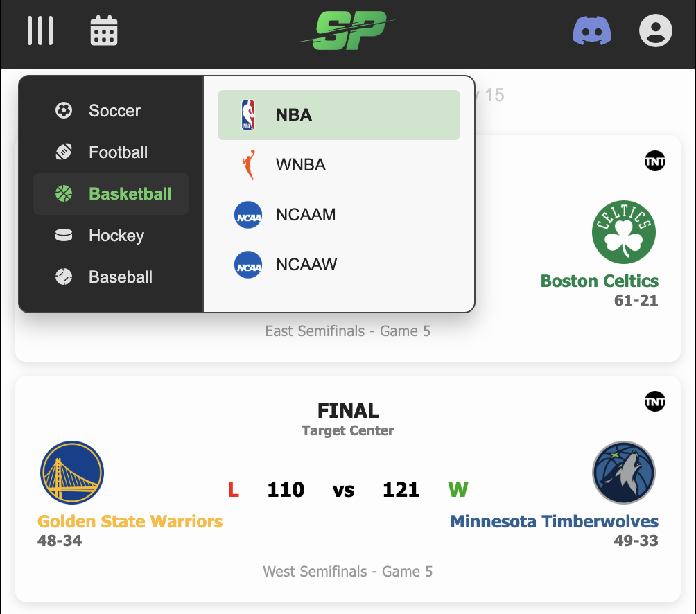 Statpad Chrome extension showing league selection for soccer, football, and basketball